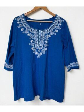 Woman Within 1X Blue Embroidered Cotton Tunic Top 3/4 Sleeve Boho Peasant